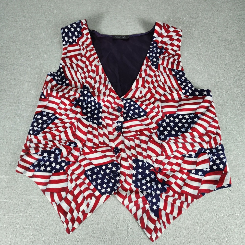 Robyn-Lyn Vintage American Flag Vest Mens L XL Patriotic USA Made Cinch Back